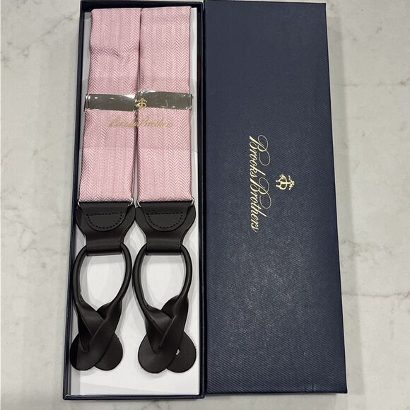 Brooks Brothers NEW Silk Leather Lt Pink Suspenders Braces Herringbone Pattern